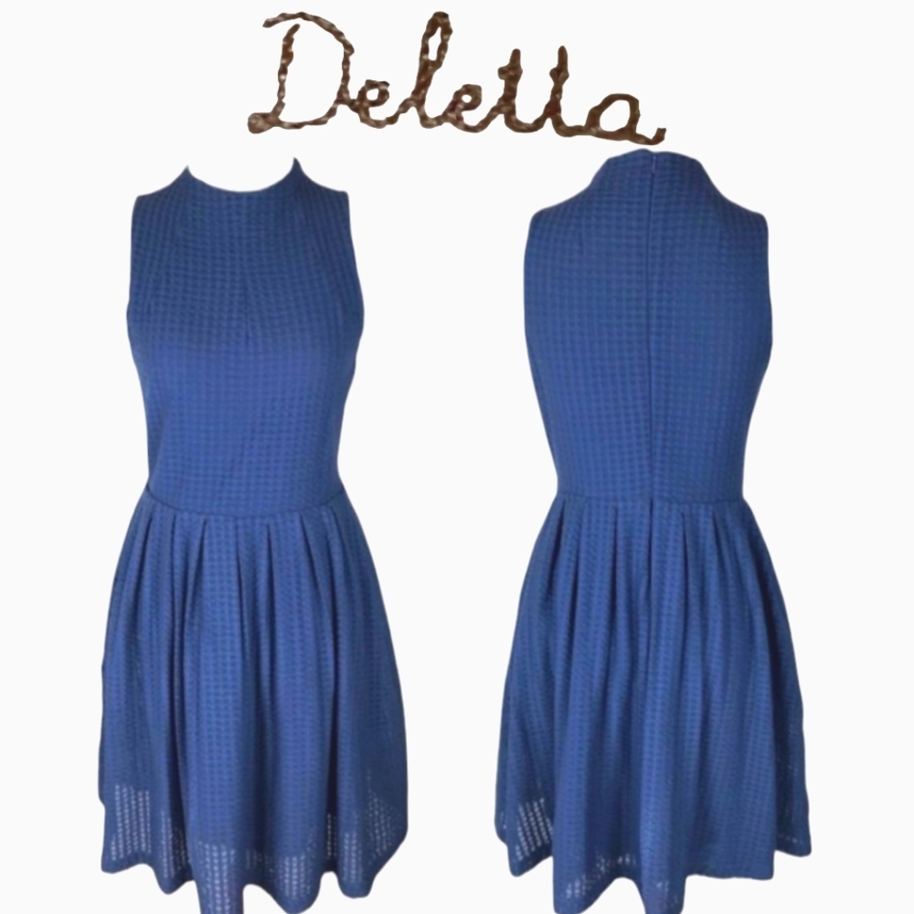Anthropologie Deletta Cosgrove Fit & Flare Textured Minidress Blue High Neck Sm